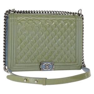 CHANEL Chain Boy Chanel Shoulder Bag Patent leather Green Blue CC Auth 152239